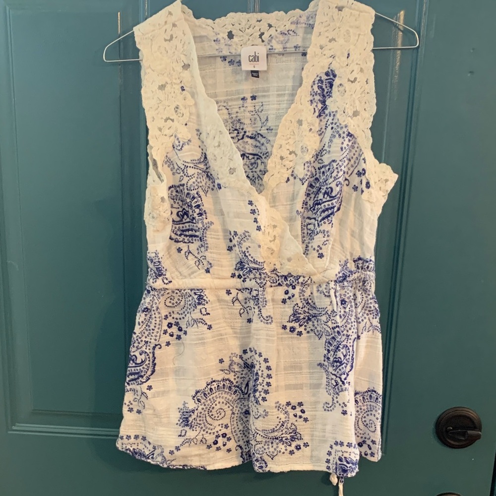 CAbi White and Blue Lace Trim Blouse